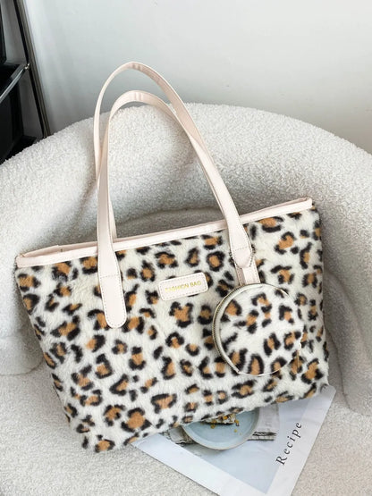 Leopard Faux Fur Tote Bag with Coin Purse - Premium Tote Bag from Trendsi - Just $39.99! Shop now at Handbags Specialist Headquarter