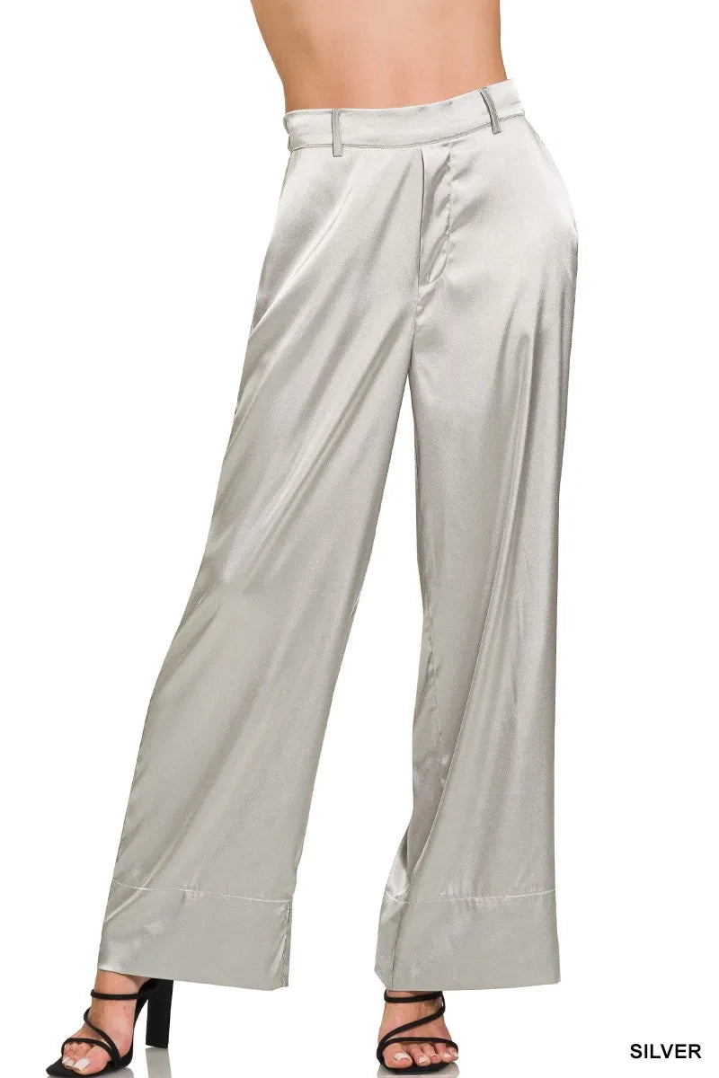 Zenana Wide-Leg Satin Pants - Premium Women Pants from Trendsi - Just $26.99! Shop now at Handbags Specialist Headquarter
