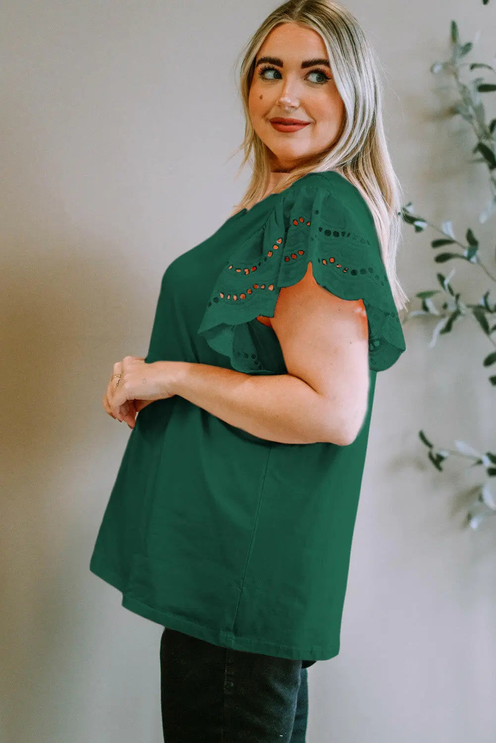 Plus Size Eyelet Round Neck Short Sleeve Blouse.