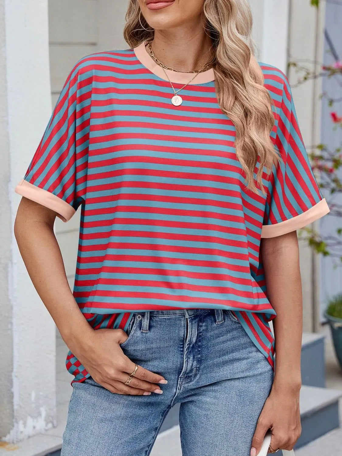 Striped Round Neck Half Sleeve T-Shirt - Premium Women / Tops from Trendsi - Just $19.34! Shop now at Handbags Specialist Headquarter