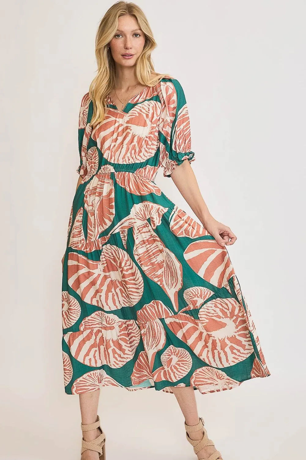 Umgee Full Size Printed Notched Puff Sleeve Midi Dress Plus Size - Premium Dresses from Trendsi - Just $64.99! Shop now at Handbags Specialist Headquarter