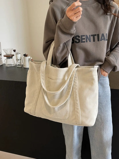 Corduroy Solid Large Tote Bag - Premium Tote Bag from Trendsi - Just $39.99! Shop now at Handbags Specialist Headquarter