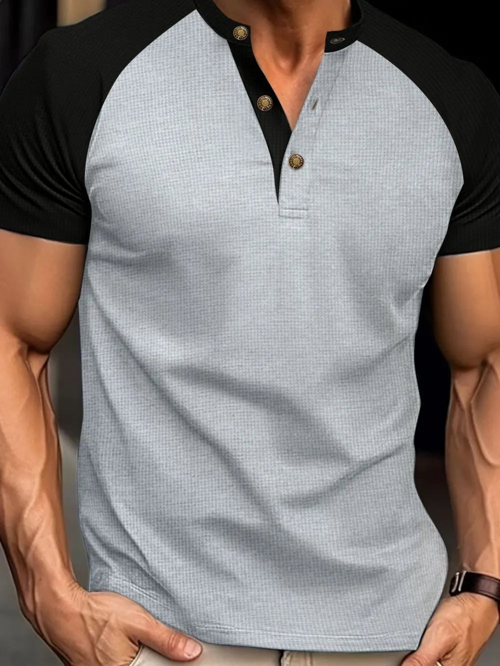 Men's Full Size Waffle-Knit Round Neck Contrast Polo Plus Size - Premium Men's Polo shirt from Trendsi - Just $30.99! Shop now at Handbags Specialist Headquarter