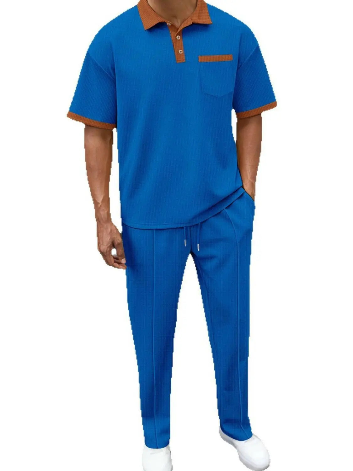 Men's Full Size Waffle-Knit Contrast Polo and Pants Set Plus Size.