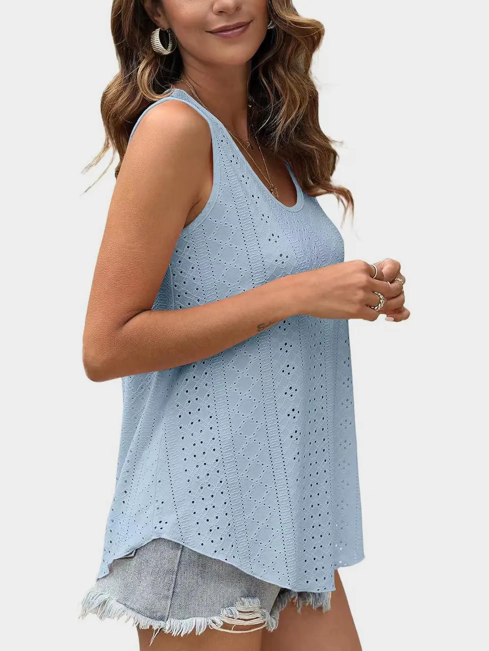Florira Eyelet Round Neck Tank - Premium Tops from Trendsi - Just $18.22! Shop now at Handbags Specialist Headquarter