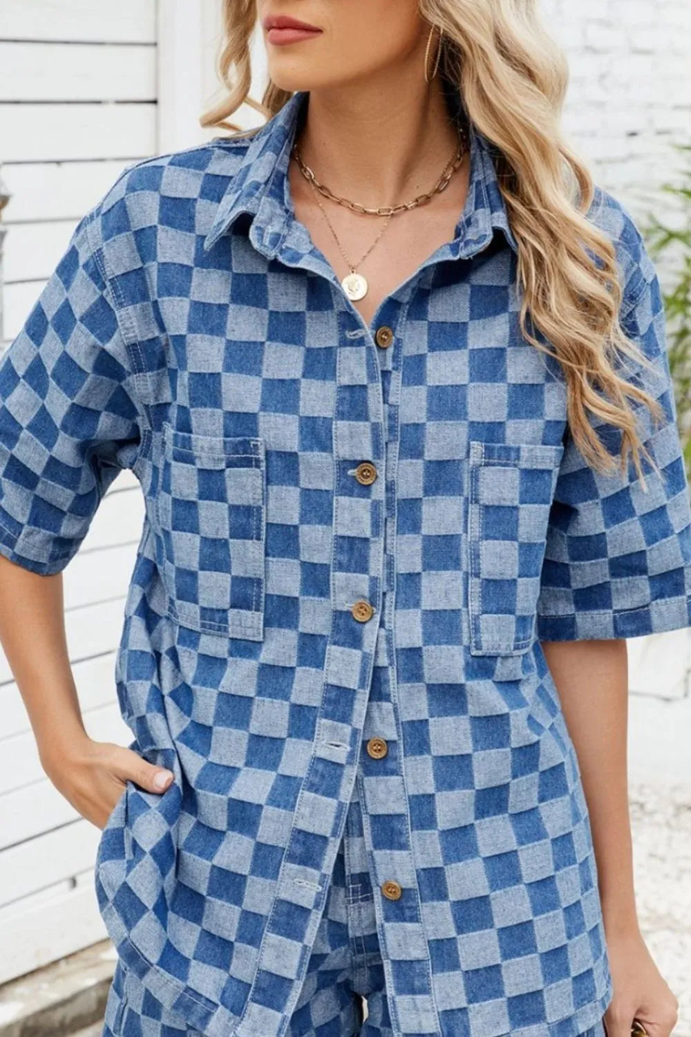 Button Down Checkered Denim Shirt - Premium Women / Jeans & Denim from Trendsi - Just $36! Shop now at Handbags Specialist Headquarter
