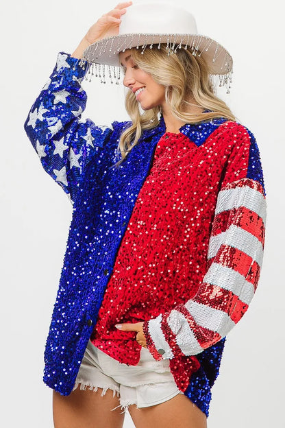 BiBi American Flag Sequin Snap Down Shirt - Premium Women / Jeans & Denim from Trendsi - Just $64.30! Shop now at Handbags Specialist Headquarter