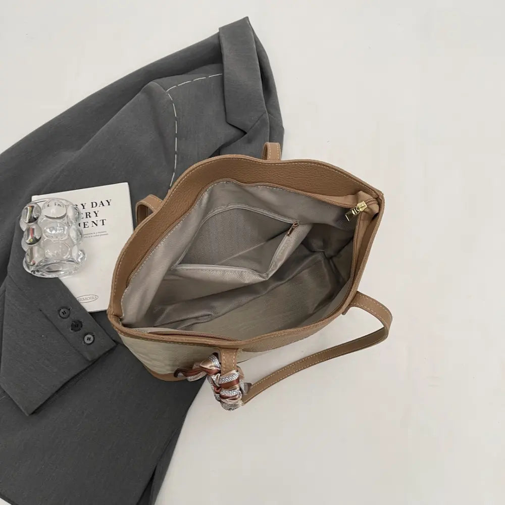 PU Leather Tied Contrast Tote Bag - Premium Tote Bag from Trendsi - Just $35.99! Shop now at Handbags Specialist Headquarter