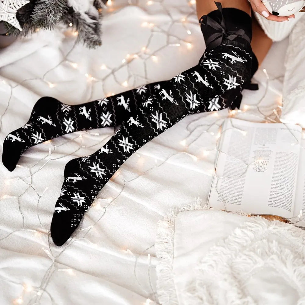 Christmas Element Bowknot Ribbed Trim Over Knee Stockings - Premium Sleepwear from Trendsi - Just $28.99! Shop now at Handbags Specialist Headquarter