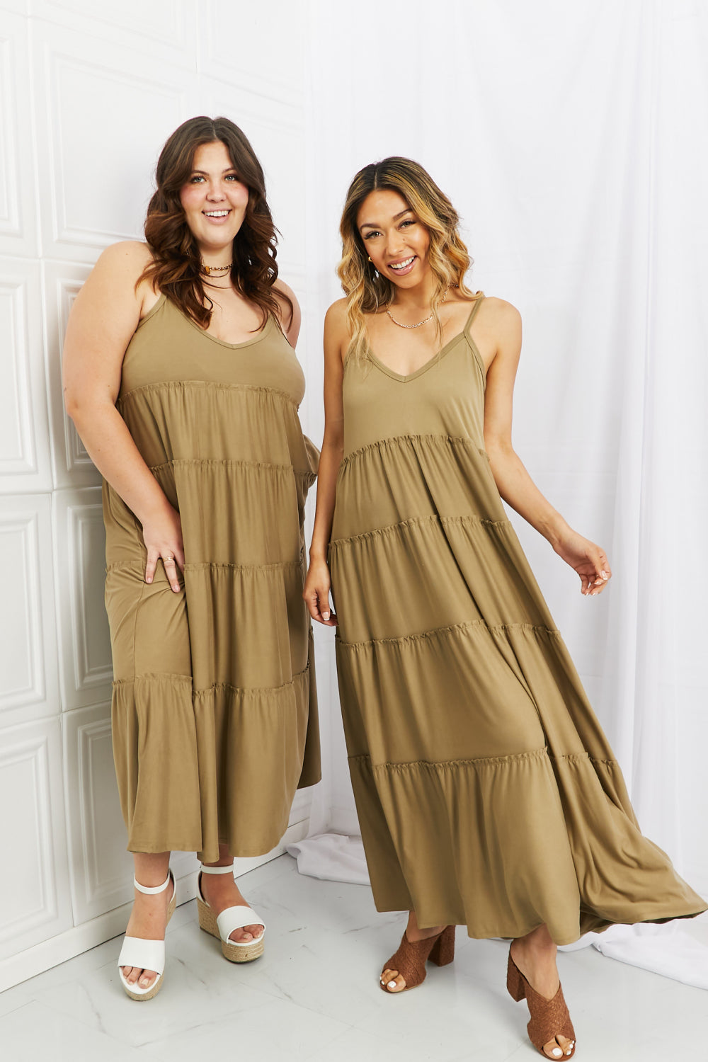 Zenana Full Size Spaghetti Strap Tiered Dress with Pockets in Khaki - Premium Dresses from Trendsi - Just $21.99! Shop now at Handbags Specialist Headquarter