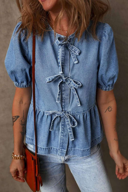 Tied Front Puff Sleeve Peplum Denim Shirt - Premium Women / Jeans & Denim from Trendsi - Just $41.86! Shop now at Handbags Specialist Headquarter