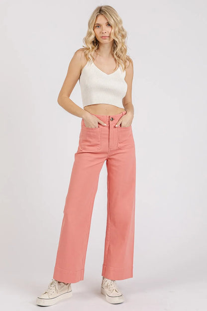 Mittoshop Twill Patch Pocket High Rise Wide Leg Pants - Premium Women Pants from Trendsi - Just $55.99! Shop now at Handbags Specialist Headquarter