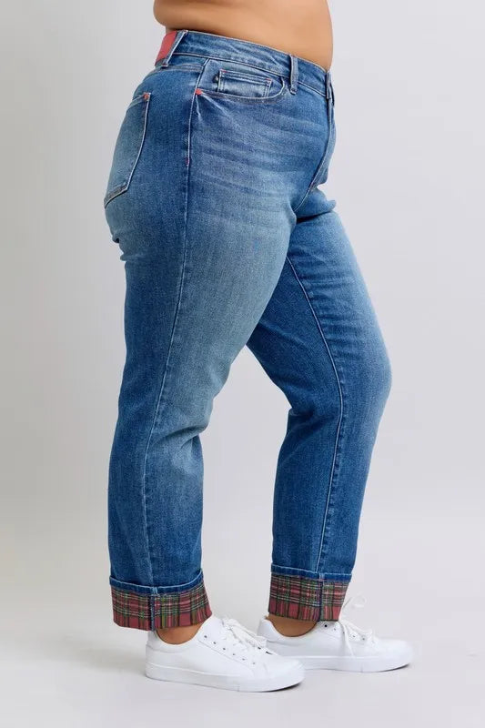 Judy Blue Full Size Mr Plaid Print Cuff Bf Jeans Plus Size - Premium Women / Jeans & Denim from Trendsi - Just $66.99! Shop now at Handbags Specialist Headquarter