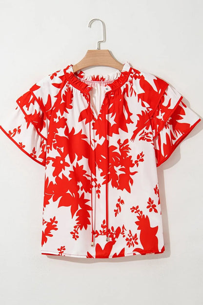 Plant Print Tiered Ruffled Sleeve Tie Neck Blouse - Premium Tops from Trendsi - Just $26.02! Shop now at Handbags Specialist Headquarter