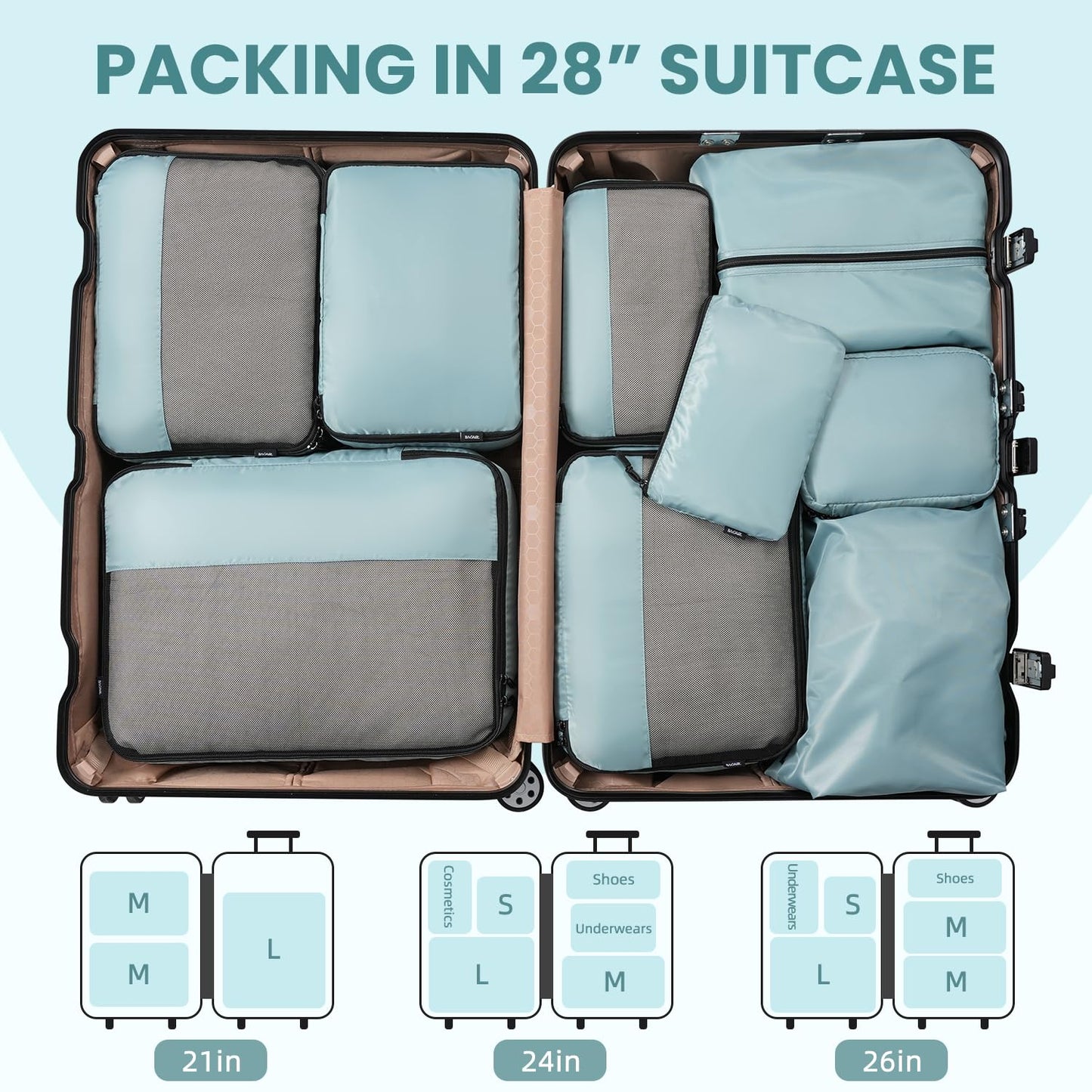 BAGAIL Travel Cubes: 8/9 Set Packing Organizers