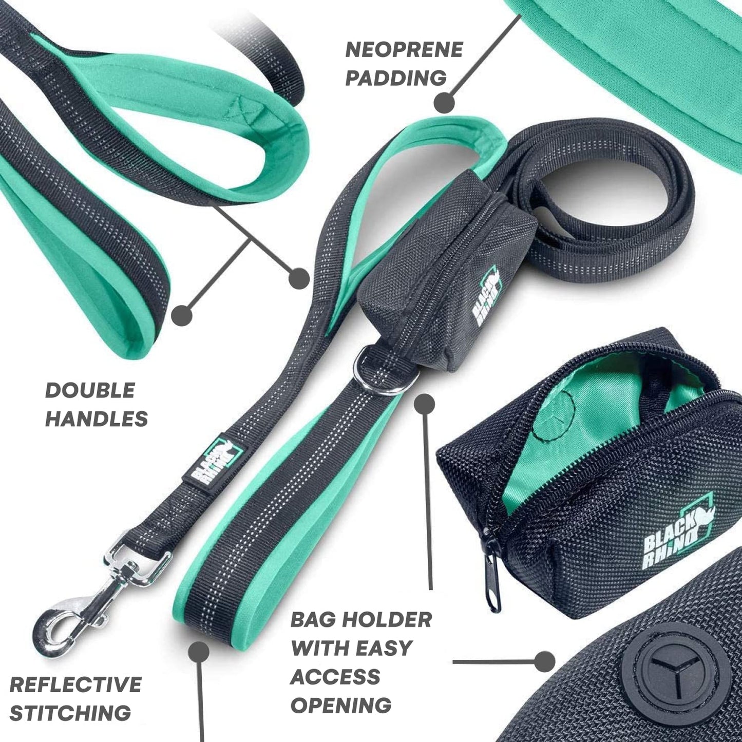 RhinoGrip Aqua: Double Handle Reflective Dog Leash