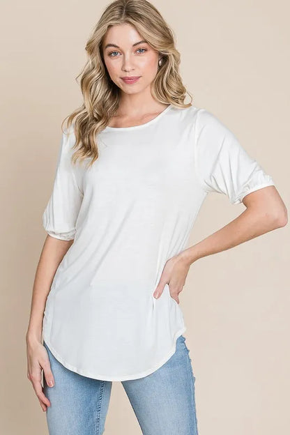 BOMBOM Round Neck Puff Sleeve T-Shirt - Premium Tops from Trendsi - Just $15.62! Shop now at Handbags Specialist Headquarter