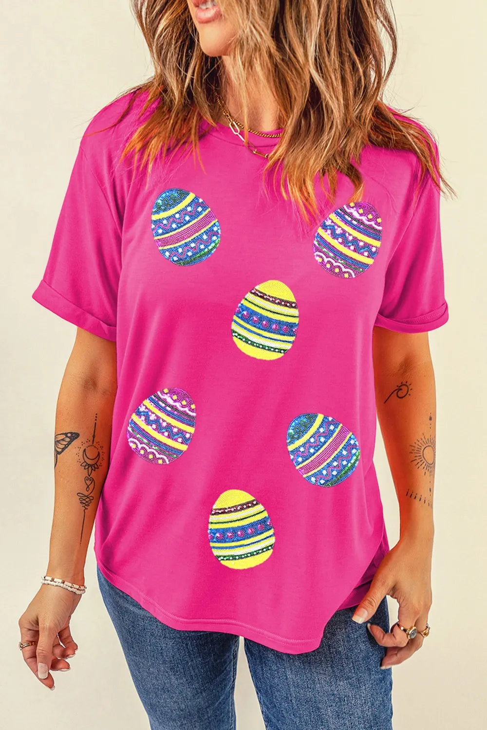 Sequin Easter Egg Short Sleeve T-Shirt - Premium Tops from Trendsi - Just $31.12! Shop now at Handbags Specialist Headquarter
