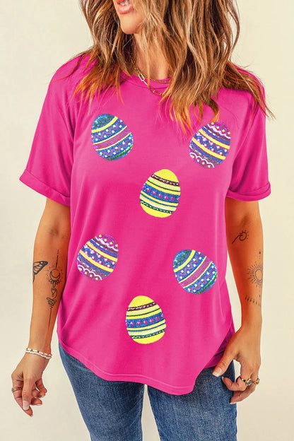 Sequin Easter Egg Short Sleeve T-Shirt - Premium Tops from Trendsi - Just $31.12! Shop now at Handbags Specialist Headquarter