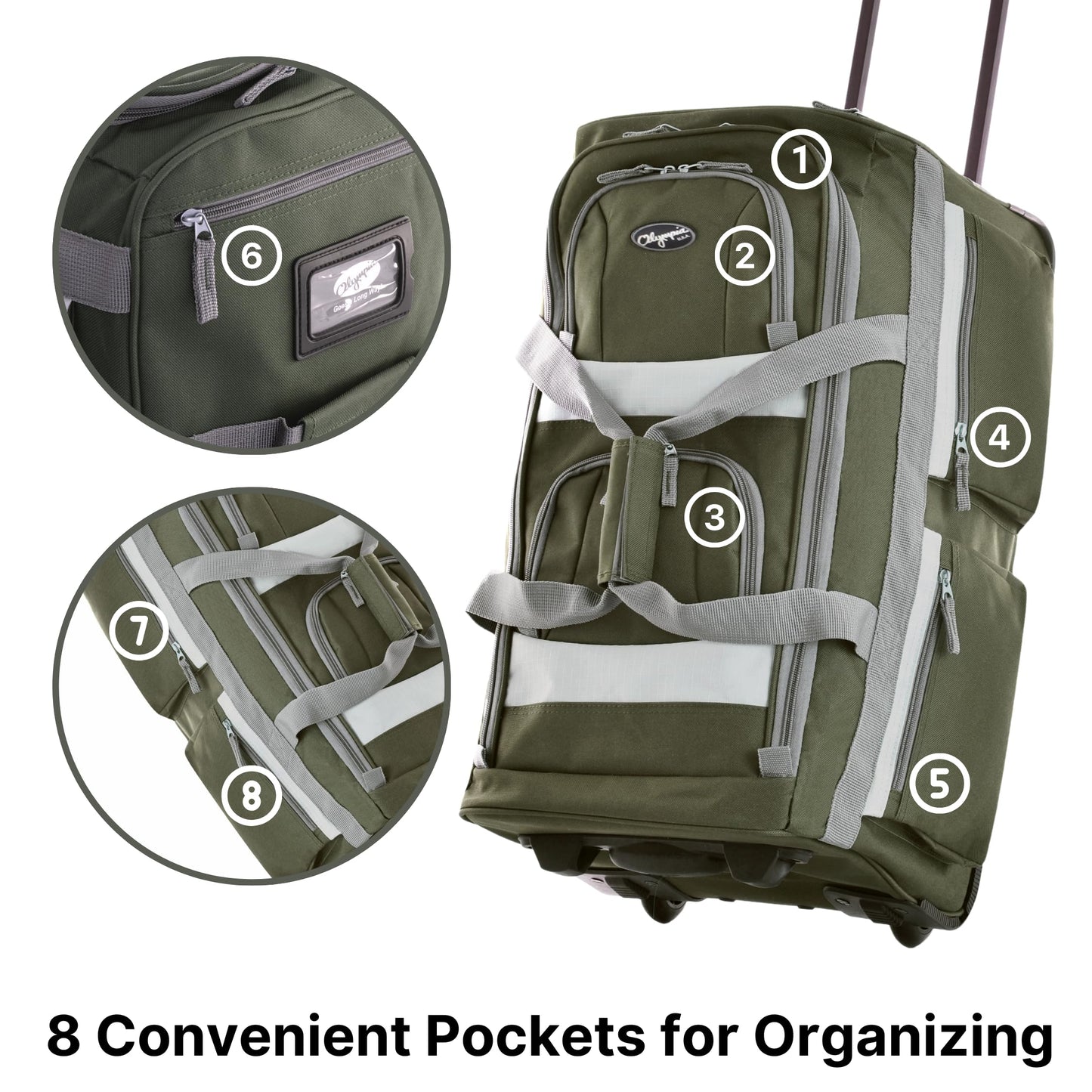 Olympia 22 Max Wheeled Duffel: 8-Pocket Water-Resist