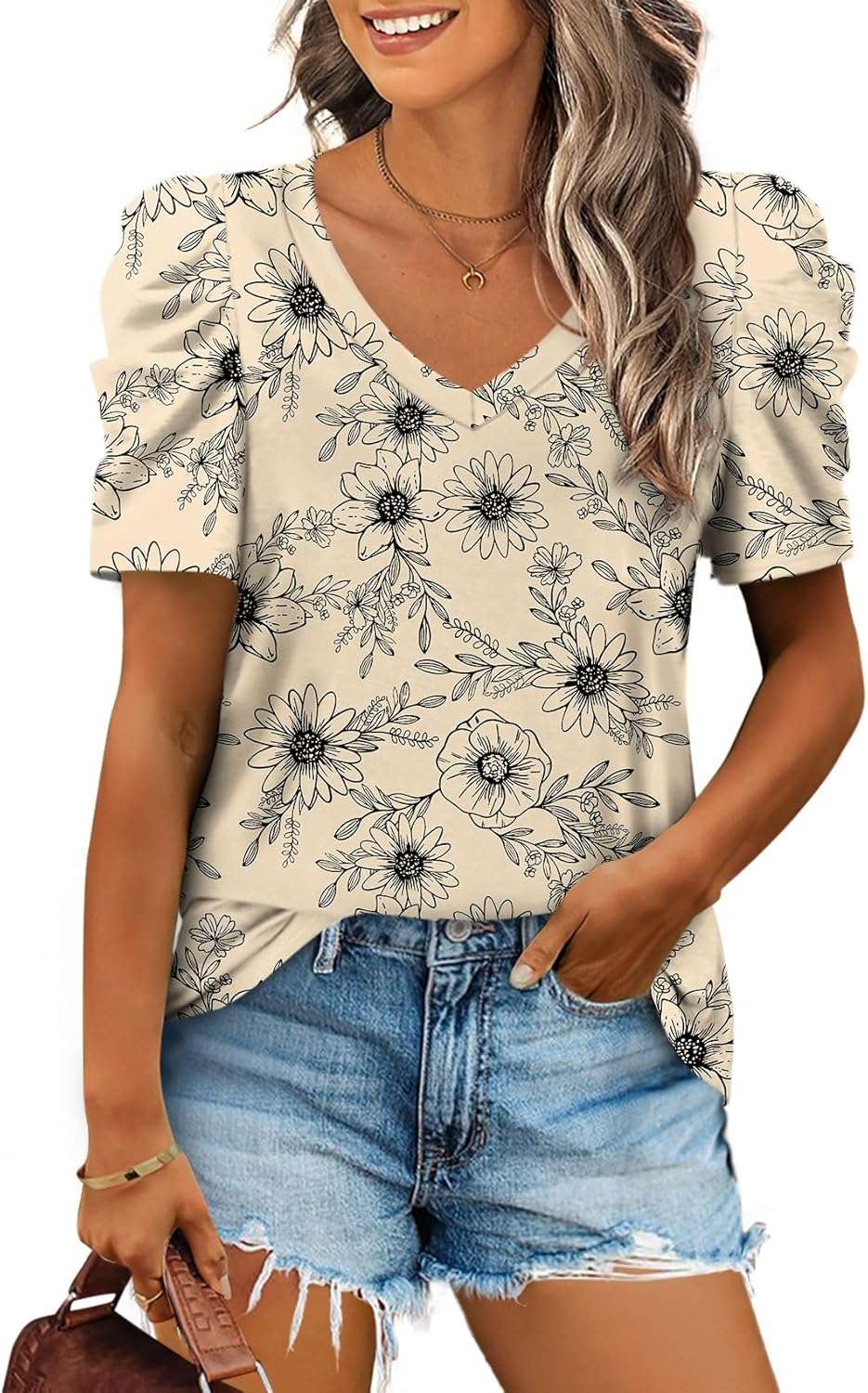 XIEERDUO Summer V-Neck Puff Sleeve Tee - All Sizes