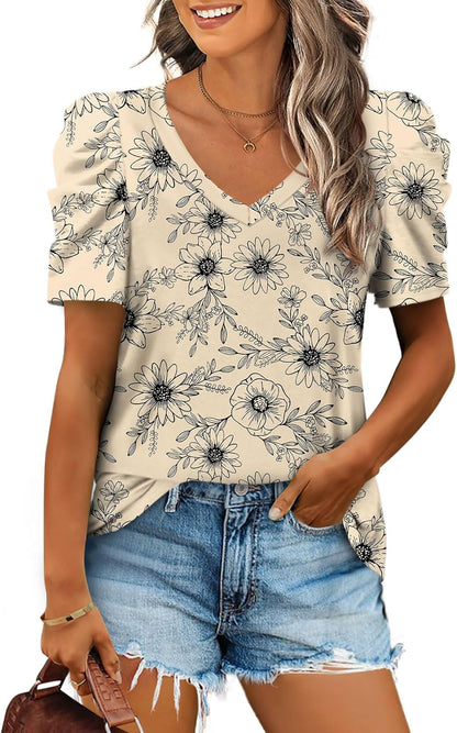 XIEERDUO Summer V-Neck Puff Sleeve Tee - All Sizes
