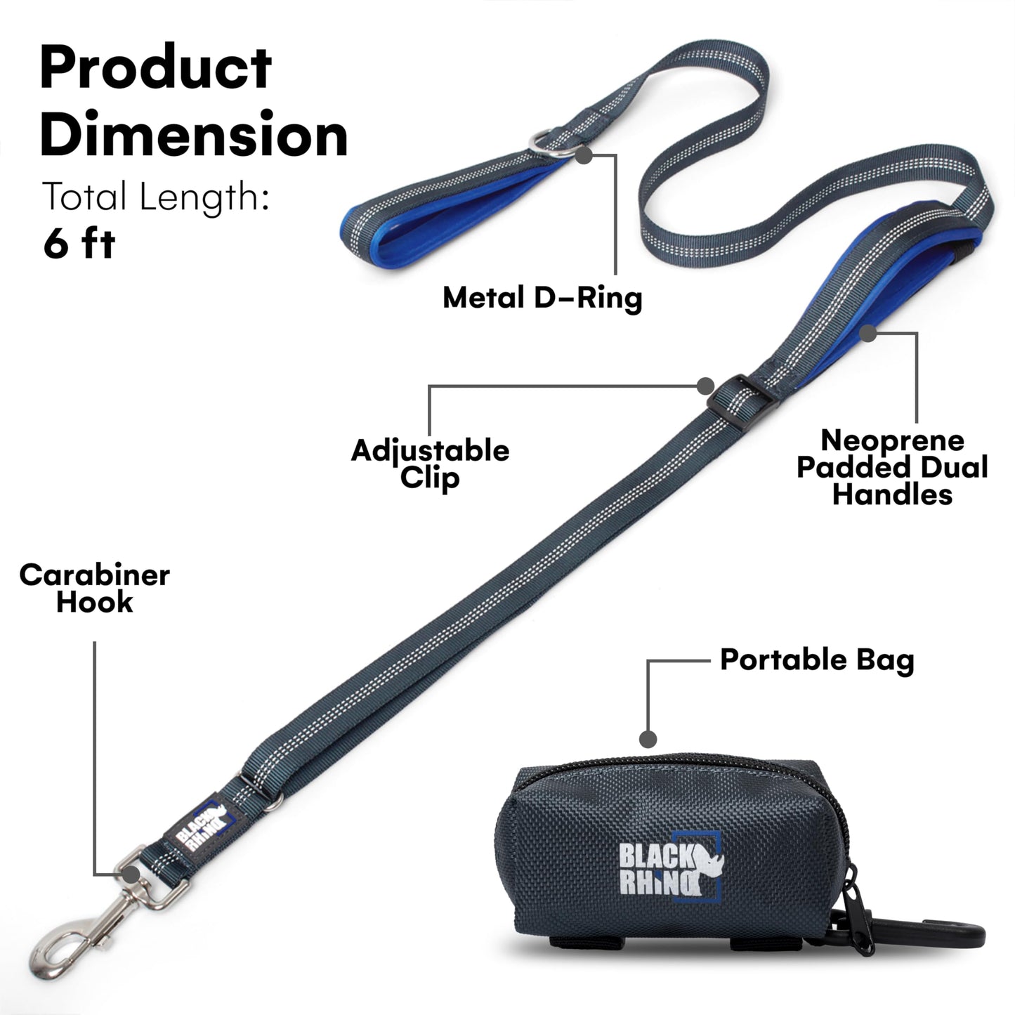 RhinoGrip Aqua: Double Handle Reflective Dog Leash