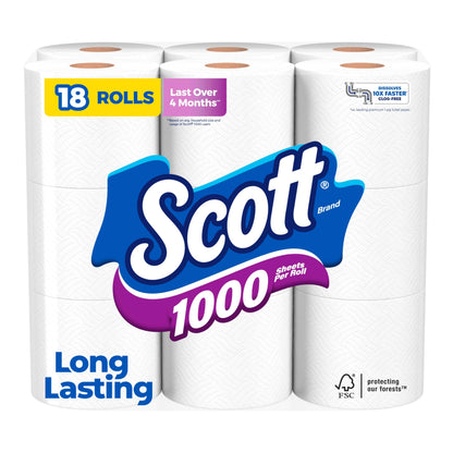 Scott 1000 Toilet Paper, 32 Rolls, Septic-Safe, 1-Ply Toilet Tissue