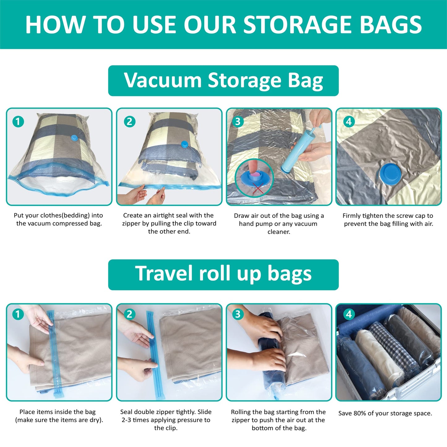 CozyVac Travel Bags with Pump - 6 Pack Space Savers