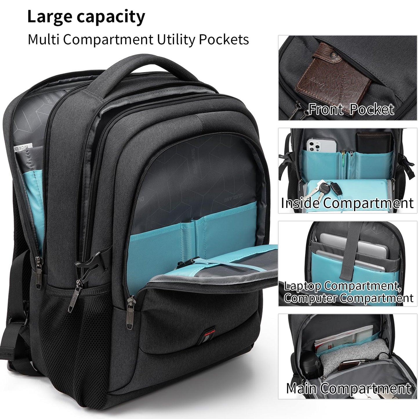 DUSLANG Travel Laptop Backpack with USB Port - Black