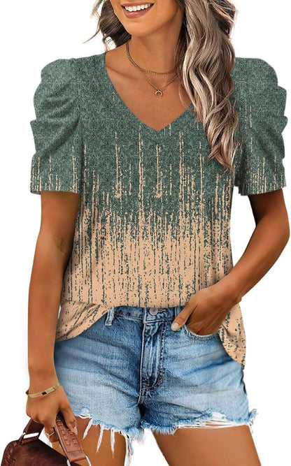 XIEERDUO Summer V-Neck Puff Sleeve Tee - All Sizes