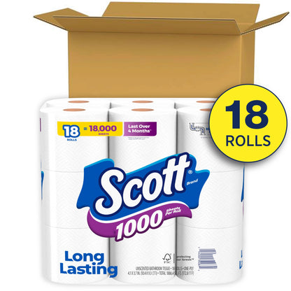 Scott 1000 Toilet Paper, 32 Rolls, Septic-Safe, 1-Ply Toilet Tissue