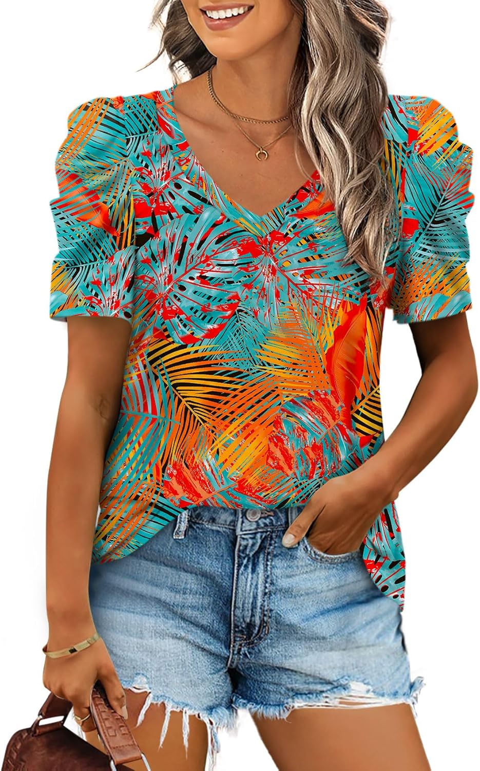 XIEERDUO Summer V-Neck Puff Sleeve Tee - All Sizes