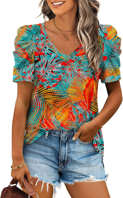 XIEERDUO Summer V-Neck Puff Sleeve Tee - All Sizes