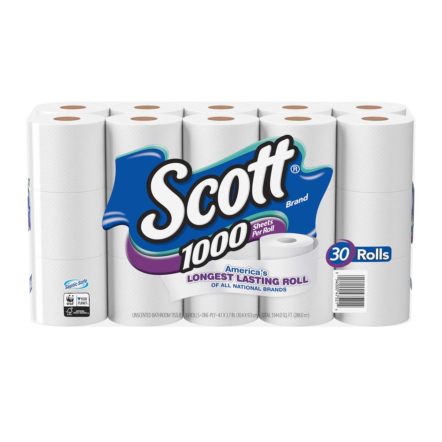 Scott 1000 Toilet Paper, 32 Rolls, Septic-Safe, 1-Ply Toilet Tissue