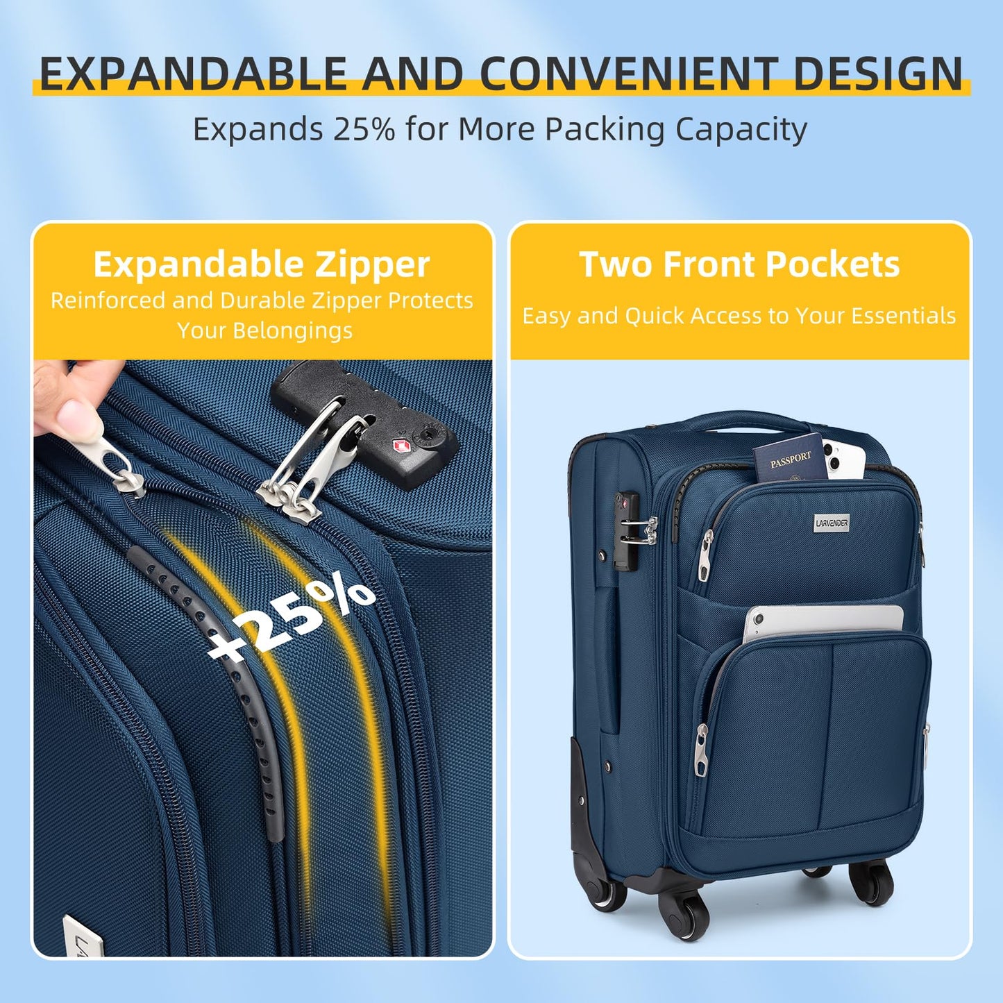 LARVENDER Expandable 5-Piece Spinner Luggage Set