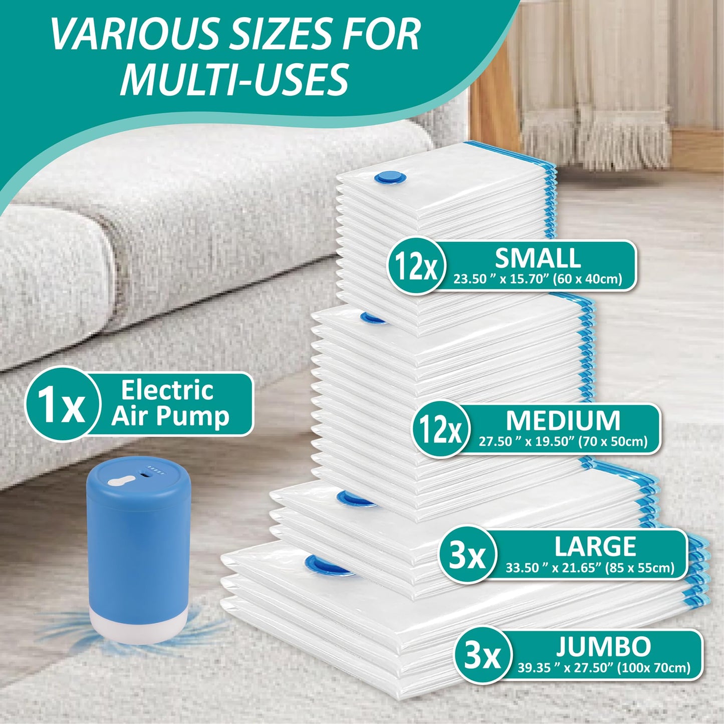 CozyVac Travel Bags with Pump - 6 Pack Space Savers