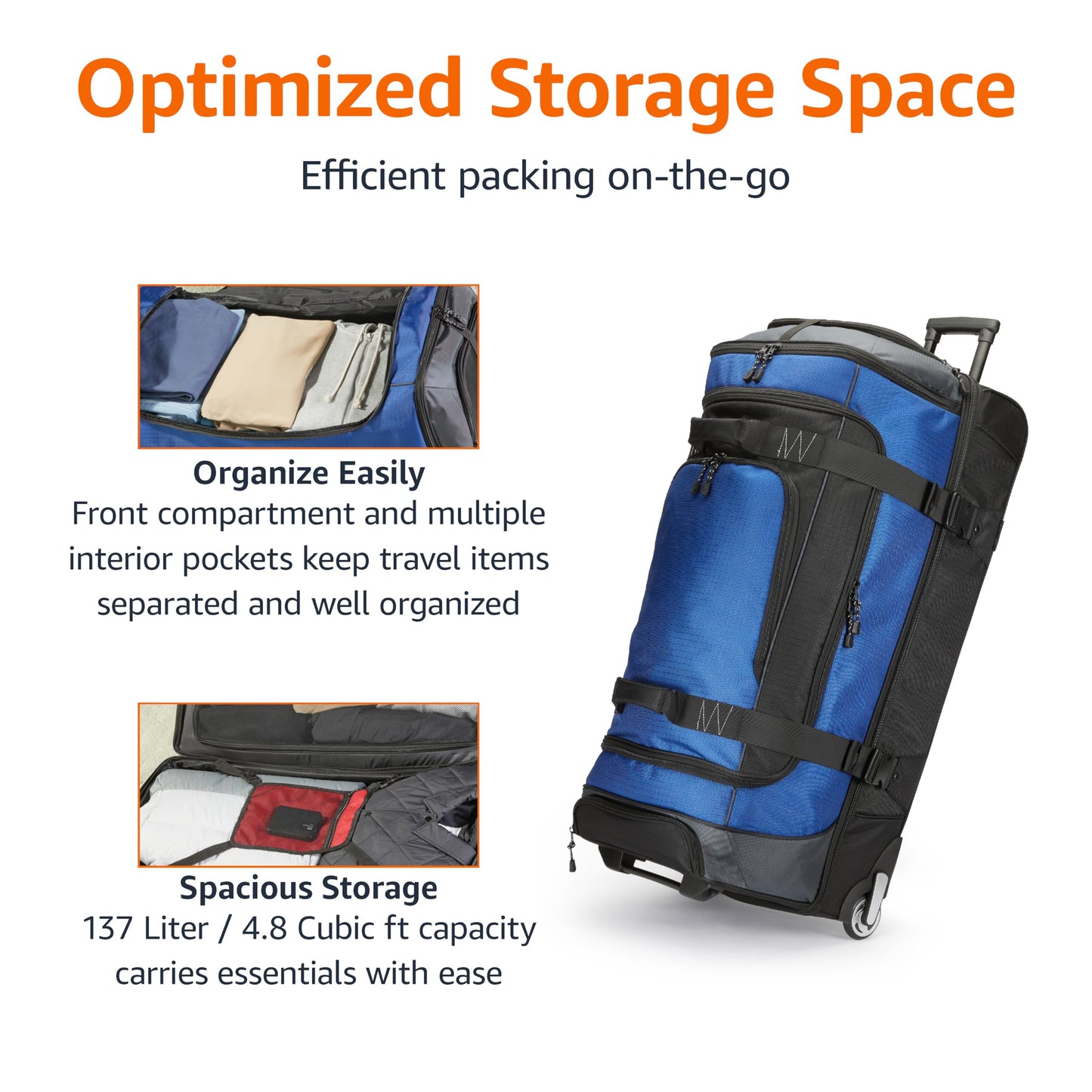 Amazon Basics 35 Large Rolling Duffle Bag, Blue