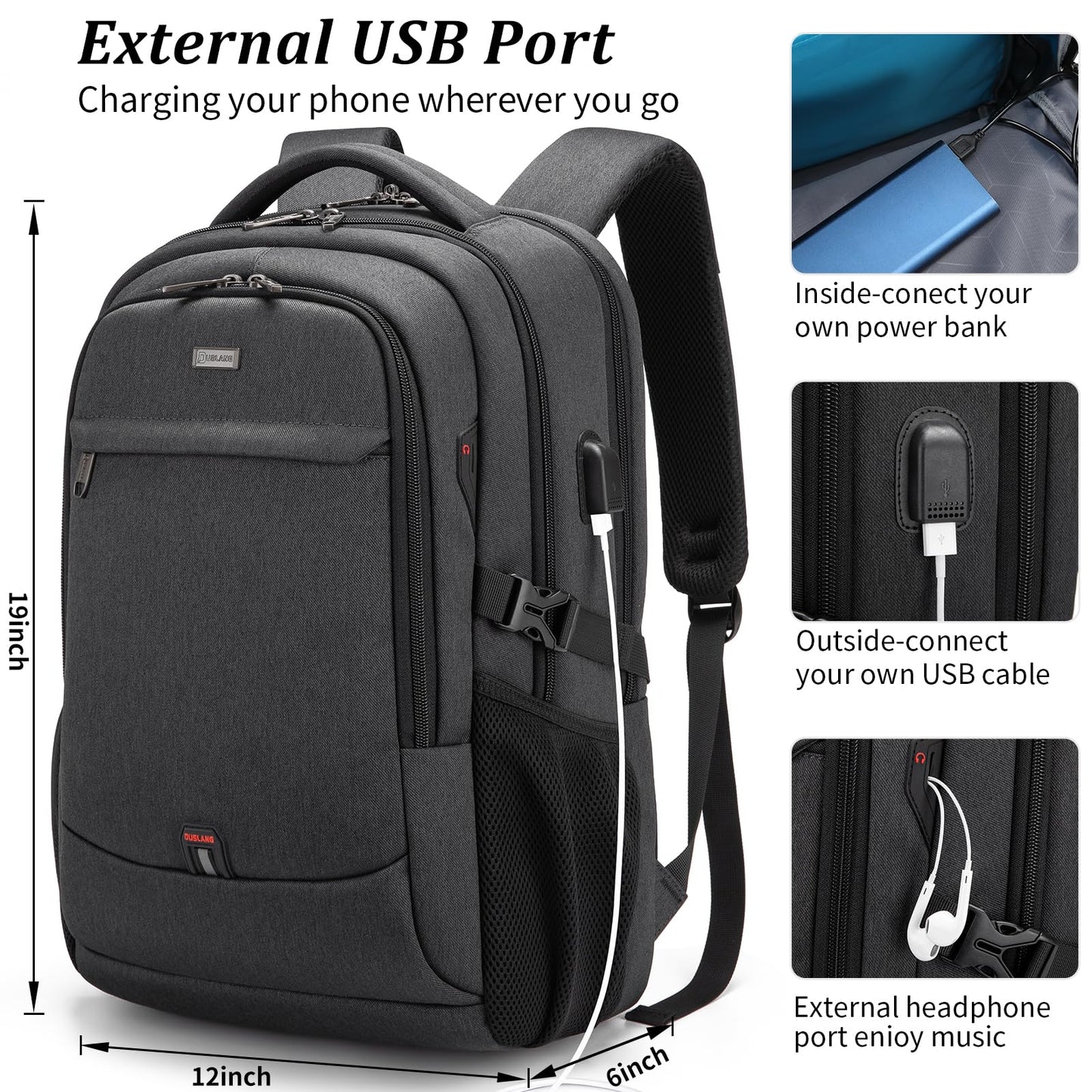 DUSLANG Travel Laptop Backpack with USB Port - Black