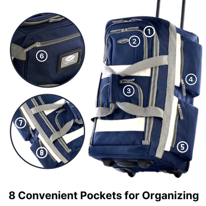 Olympia 22 Max Wheeled Duffel: 8-Pocket Water-Resist