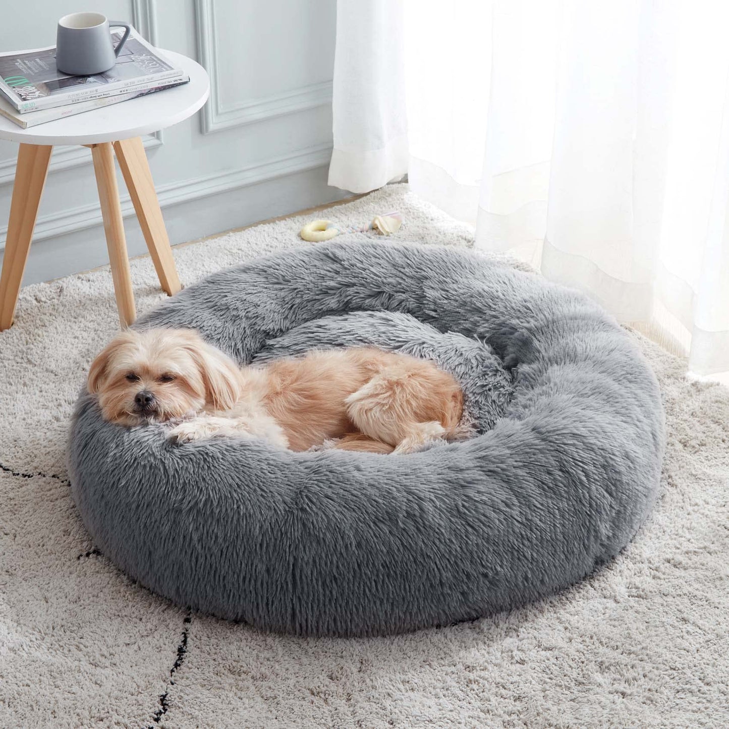 PawCozy Nest: Plush Anti-Anxiety Pet Bed, Light Grey