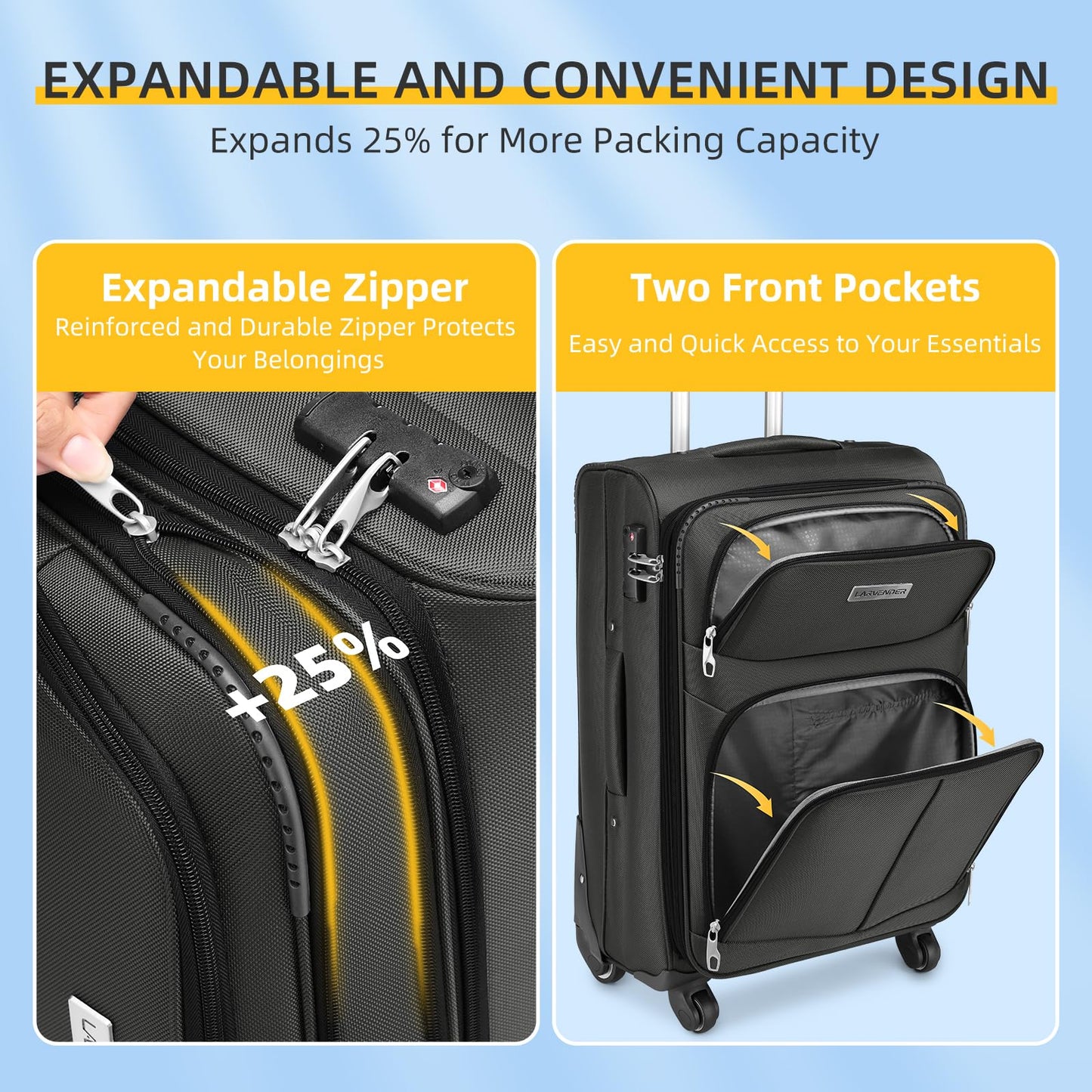 LARVENDER Expandable 5-Piece Spinner Luggage Set