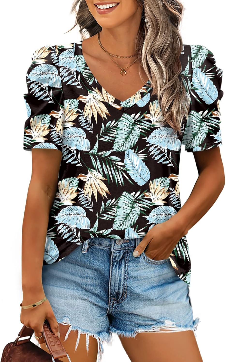 XIEERDUO Summer V-Neck Puff Sleeve Tee - All Sizes