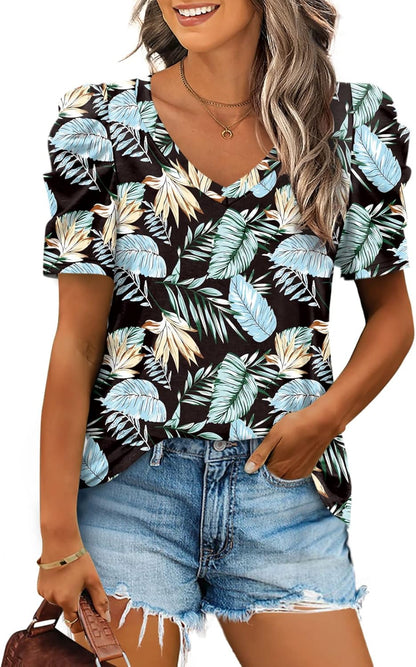 XIEERDUO Summer V-Neck Puff Sleeve Tee - All Sizes