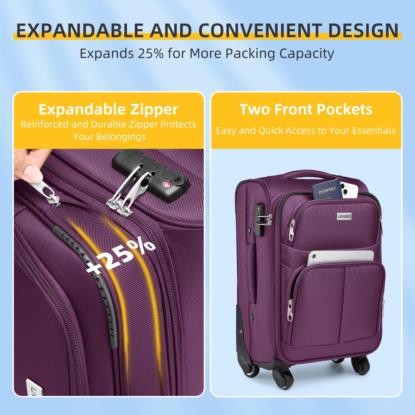 LARVENDER Expandable 5-Piece Spinner Luggage Set