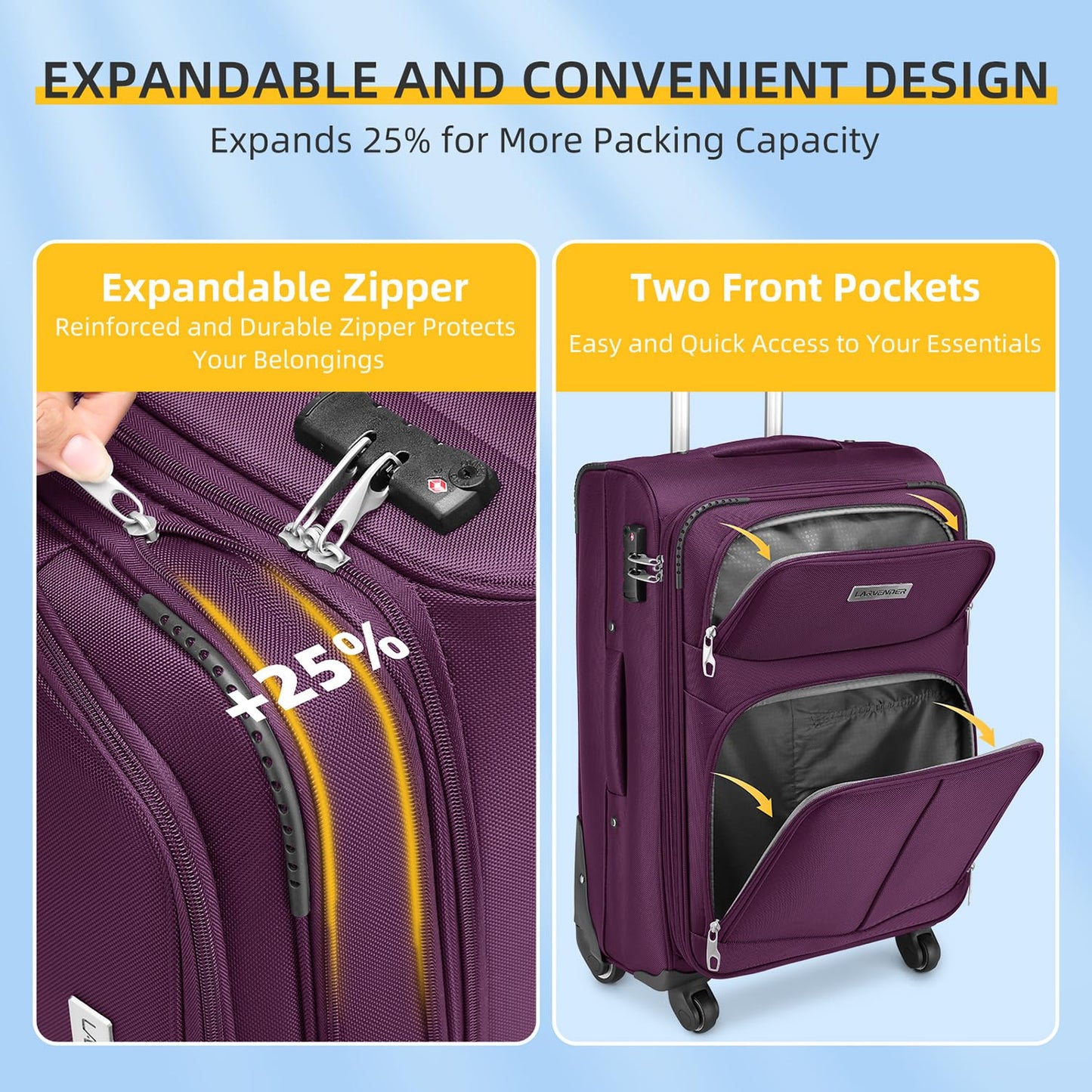 LARVENDER Expandable 5-Piece Spinner Luggage Set