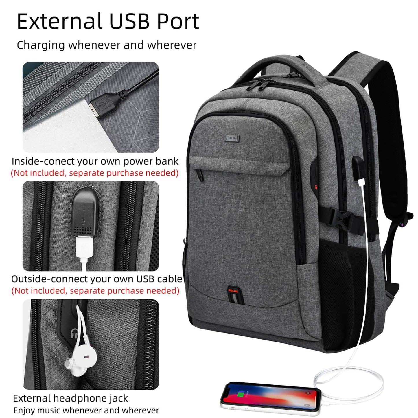 DUSLANG Travel Laptop Backpack with USB Port - Black