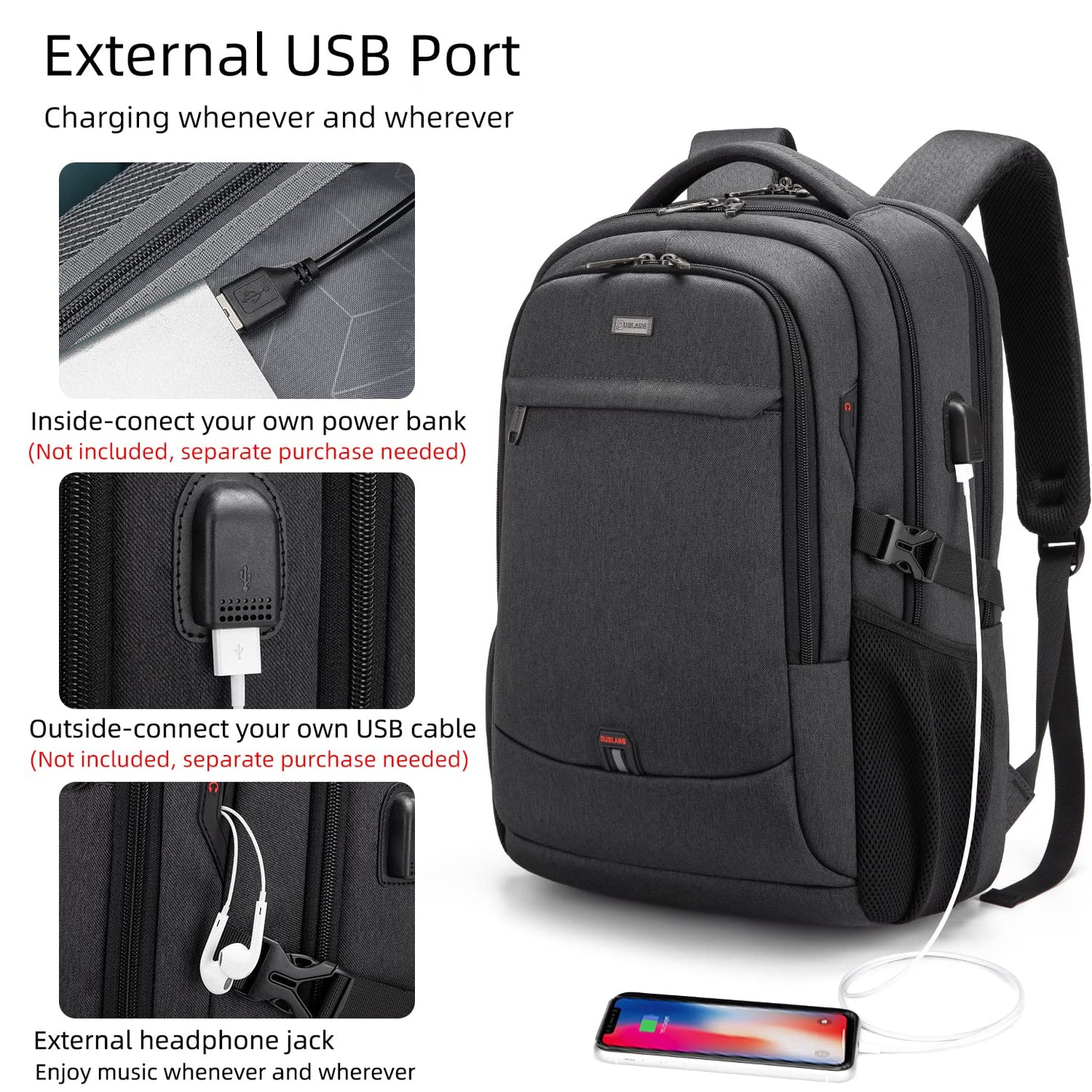 DUSLANG Travel Laptop Backpack with USB Port - Black