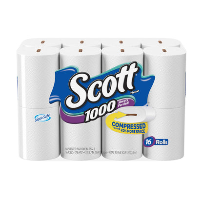 Scott 1000 Toilet Paper, 32 Rolls, Septic-Safe, 1-Ply Toilet Tissue