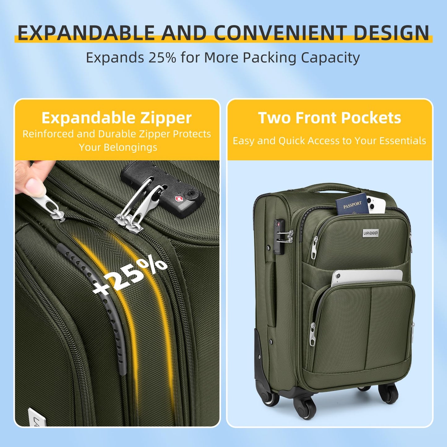 LARVENDER Expandable 5-Piece Spinner Luggage Set
